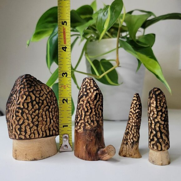 Set of 4 Morel Mushroom Wood Carved Merchroom Forage Mantle Outdoors Fungi Art - Picture 8 of 11